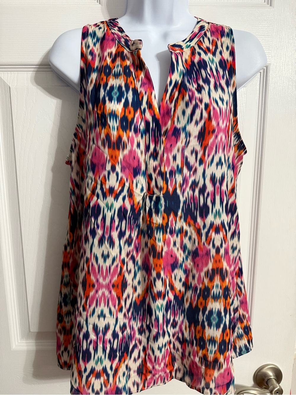Sleeveless Multicolor Ikat Print Blouse - White/Pink/Blue